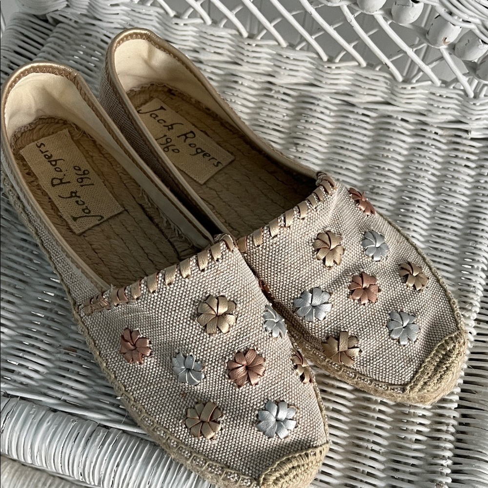 Jack Rogers Beige Canvas Espadrilles with Metallic Flower Accents